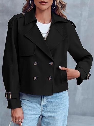 Trench Coat Women, Cropped Trench Coat for Women 2025, Double Breasted Notch Long Sleeve Jacket With Pockets Fall Outfit in Saudi Arabia