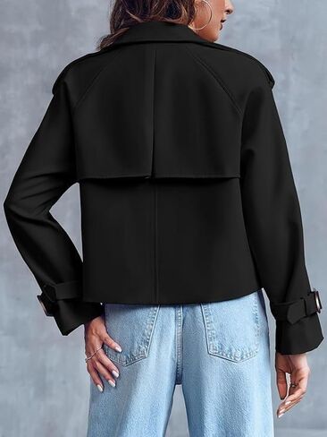 Trench Coat Women, Cropped Trench Coat for Women 2025, Double Breasted Notch Long Sleeve Jacket With Pockets Fall Outfit in Saudi Arabia