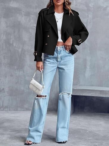 Trench Coat Women, Cropped Trench Coat for Women 2025, Double Breasted Notch Long Sleeve Jacket With Pockets Fall Outfit in Saudi Arabia