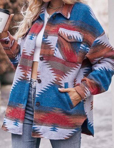 Women's Girl Aztec Print Button Down Long Sleeve Shacket Jacket Coat Warm Shirt Blouse Casual Outwear with Pocket in Saudi Arabia