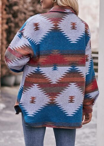Women's Girl Aztec Print Button Down Long Sleeve Shacket Jacket Coat Warm Shirt Blouse Casual Outwear with Pocket in Saudi Arabia