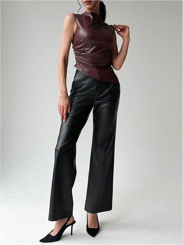 Floerns Women's Ruched Sleeveless Shirts PU Leather Mock Neck Asymmetrical Hem Y2k Tank Top in Saudi Arabia