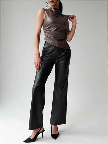 Floerns Women's Ruched Sleeveless Shirts PU Leather Mock Neck Asymmetrical Hem Y2k Tank Top in Saudi Arabia