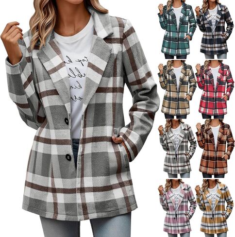 Plaid Blazer Jacket for Women 2025 - Notched Lapel Pea Coat Wool Blend Single Breasted Flannel Shacket Trench Coats in Saudi Arabia