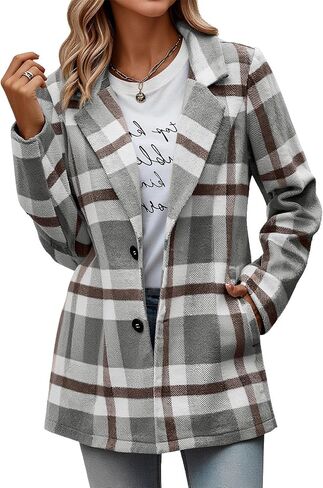 Plaid Blazer Jacket for Women 2025 - Notched Lapel Pea Coat Wool Blend Single Breasted Flannel Shacket Trench Coats in Saudi Arabia