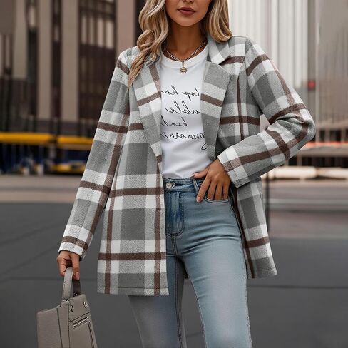 Plaid Blazer Jacket for Women 2025 - Notched Lapel Pea Coat Wool Blend Single Breasted Flannel Shacket Trench Coats in Saudi Arabia
