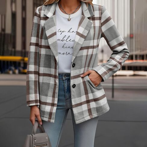 Plaid Blazer Jacket for Women 2025 - Notched Lapel Pea Coat Wool Blend Single Breasted Flannel Shacket Trench Coats in Saudi Arabia