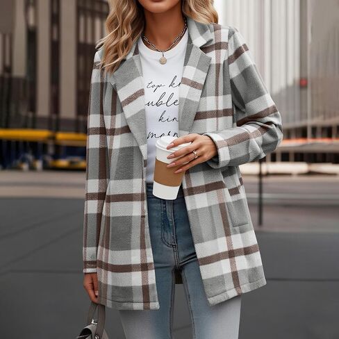 Plaid Blazer Jacket for Women 2025 - Notched Lapel Pea Coat Wool Blend Single Breasted Flannel Shacket Trench Coats in Saudi Arabia