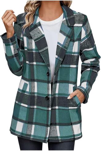 Plaid Blazer Jacket for Women 2025 - Notched Lapel Pea Coat Wool Blend Single Breasted Flannel Shacket Trench Coats in Saudi Arabia