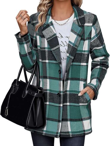 Plaid Blazer Jacket for Women 2025 - Notched Lapel Pea Coat Wool Blend Single Breasted Flannel Shacket Trench Coats in Saudi Arabia