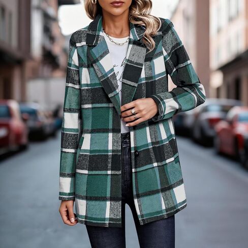 Plaid Blazer Jacket for Women 2025 - Notched Lapel Pea Coat Wool Blend Single Breasted Flannel Shacket Trench Coats in Saudi Arabia