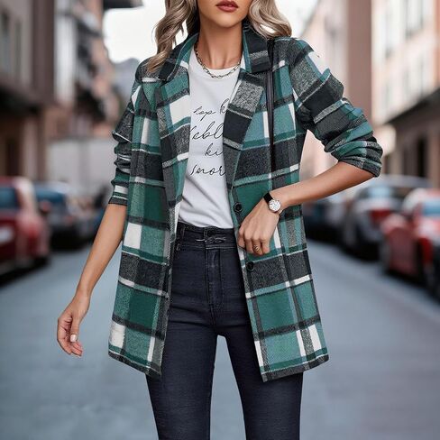 Plaid Blazer Jacket for Women 2025 - Notched Lapel Pea Coat Wool Blend Single Breasted Flannel Shacket Trench Coats in Saudi Arabia