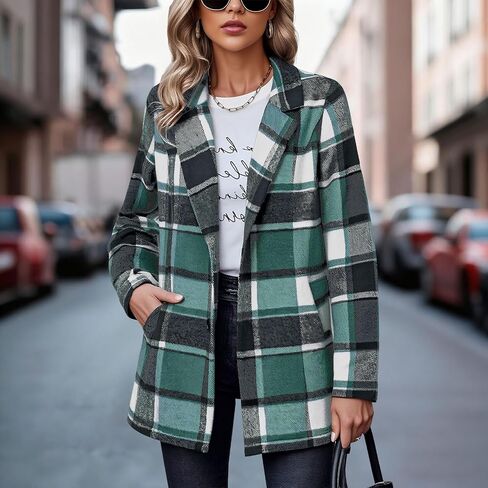 Plaid Blazer Jacket for Women 2025 - Notched Lapel Pea Coat Wool Blend Single Breasted Flannel Shacket Trench Coats in Saudi Arabia