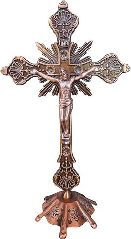 MTYIQS Standing Decorative Standing Crucifix, Antique Copper Finish, Ornate Victorian Style Cross with Base (BRONZE) in Saudi Arabia