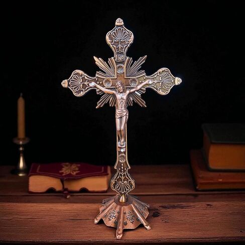 MTYIQS Standing Decorative Standing Crucifix, Antique Copper Finish, Ornate Victorian Style Cross with Base (BRONZE) in Saudi Arabia