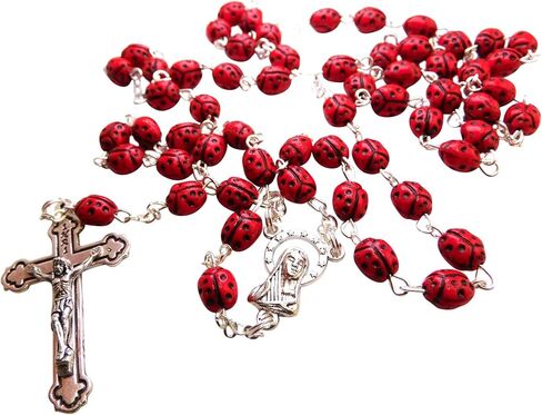 مجموعة صلاة كاثوليكية معدنية مرسومة يدويًا من Westmon Works Ladybug Rosary مع حقيبة مطابقة وبطاقة مقدسة مصنوعة في إيطاليا in Saudi Arabia