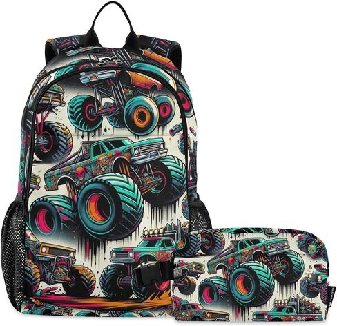 ALAZA Monster Trucks Graffiti Backpack and Lunch Bag Set for Boys Girls School Bookbag Cooler Kits in Saudi Arabia