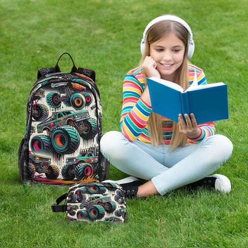 ALAZA Monster Trucks Graffiti Backpack and Lunch Bag Set for Boys Girls School Bookbag Cooler Kits in Saudi Arabia