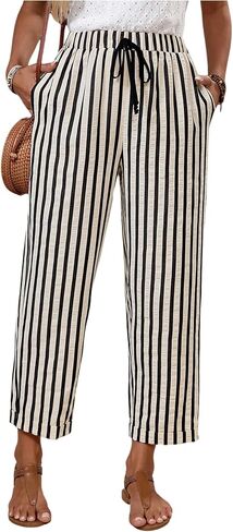 Women's Striped 3/4 Length Pants Straight Leg Drawstring Waist Cropped Pants Trousers with Pockets in Saudi Arabia