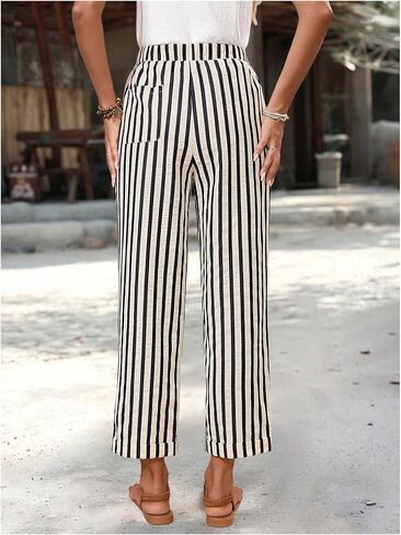 Women's Striped 3/4 Length Pants Straight Leg Drawstring Waist Cropped Pants Trousers with Pockets in Saudi Arabia