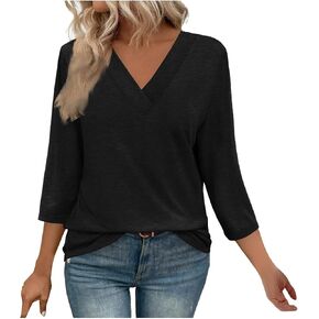 Women's 3/4 Sleeve Shirts Solid Color V Neck Summer Tops Casual Tunics Tops Basic Tees Blouse Loose Fit Clothes in Kuwait