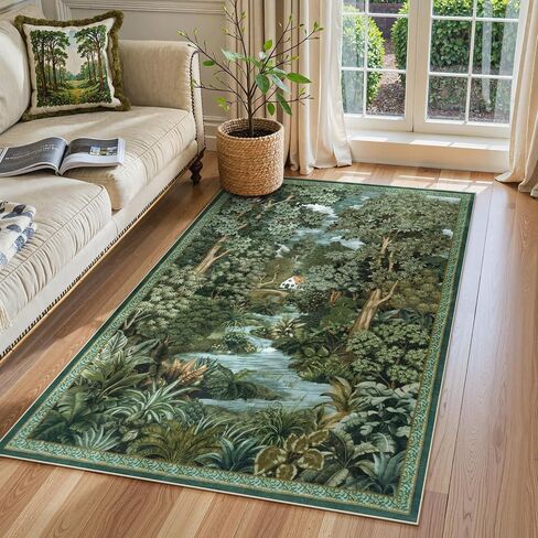 LIVEBOX 3x5 Green Washable Area Rug, Non-Slip Small Entryway Rug Vintage Farmhouse Jungle Boys Rug for Bedroom Living Room Low-Pile Whimsical Carpet for Bathroom Kitchen(Green, 3'x5') in Saudi Arabia