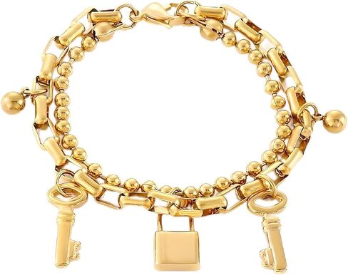 سوار قفل من الذهب الأصفر عيار 14 قيراط مع مفتاح للنساء، أساور قفل مفتاح Joyas De Beads سلسلة أساور ساحرة، سوار قفل ومجوهرات رئيسية للأزواج in Saudi Arabia