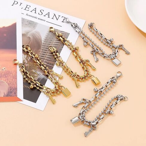 سوار قفل من الذهب الأصفر عيار 14 قيراط مع مفتاح للنساء، أساور قفل مفتاح Joyas De Beads سلسلة أساور ساحرة، سوار قفل ومجوهرات رئيسية للأزواج in Saudi Arabia