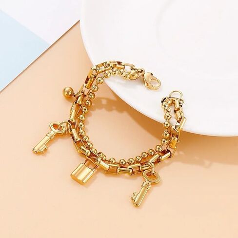 سوار قفل من الذهب الأصفر عيار 14 قيراط مع مفتاح للنساء، أساور قفل مفتاح Joyas De Beads سلسلة أساور ساحرة، سوار قفل ومجوهرات رئيسية للأزواج in Saudi Arabia