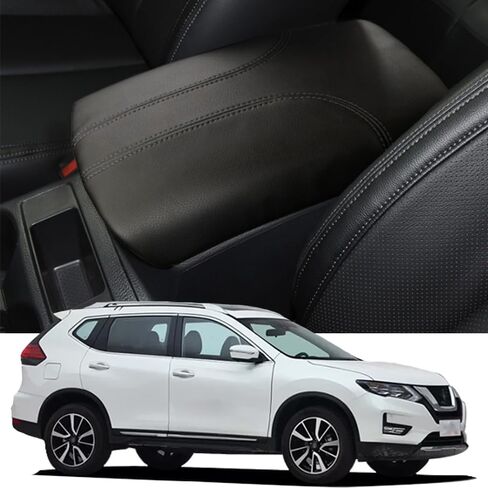 غطاء مسند ذراع لوحدة التحكم المركزية للسيارة من Blazeray لسيارة Nissan Rogue 2014-2020/Nissan Rogue Sport 2017-2022 ملحقات داخلية من الجلد لمسند ذراع الكوع وغطاء حماية (جلد أسود + غرز سوداء) in Kuwait