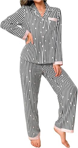 WDIRARA Women's Striped Heart Print Pajama Set Long Sleeve Button Down Pants Pjs Set 2 Piece Sleepwear in Saudi Arabia