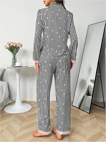 WDIRARA Women's Striped Heart Print Pajama Set Long Sleeve Button Down Pants Pjs Set 2 Piece Sleepwear in Saudi Arabia