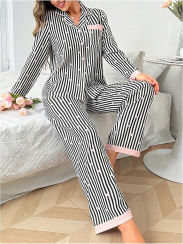 WDIRARA Women's Striped Heart Print Pajama Set Long Sleeve Button Down Pants Pjs Set 2 Piece Sleepwear in Saudi Arabia