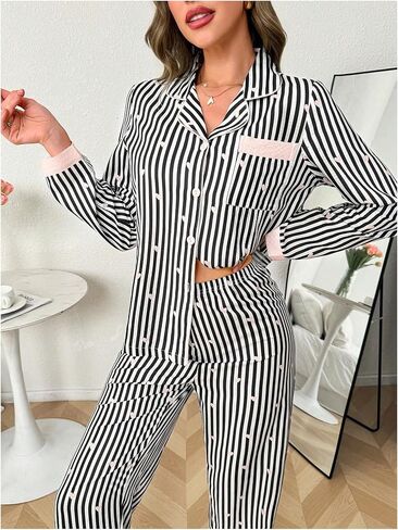 WDIRARA Women's Striped Heart Print Pajama Set Long Sleeve Button Down Pants Pjs Set 2 Piece Sleepwear in Saudi Arabia