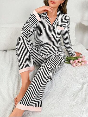 WDIRARA Women's Striped Heart Print Pajama Set Long Sleeve Button Down Pants Pjs Set 2 Piece Sleepwear in Saudi Arabia