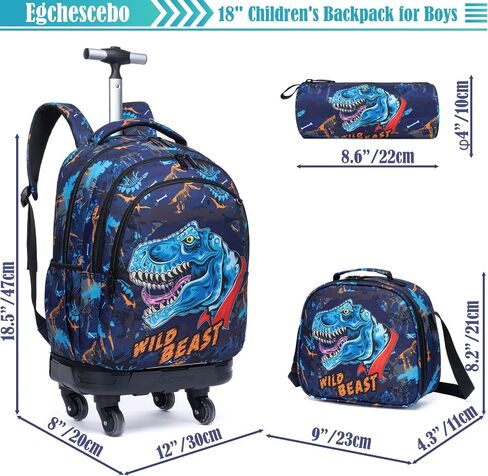 Egchescebo Kids حقيبة ظهر متدحرجة للأولاد حقائب ديناصور حقائب ظهر للأمتعة بعجلات دوارة 360 درجة 15 بوصة صندوق غداء للكمبيوتر المحمول مقلمة للمرحلة الابتدائية 18 بوصة حقيبة مدرسية للسفر باللون الأزرق in Kuwait