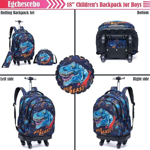 Egchescebo Kids حقيبة ظهر متدحرجة للأولاد حقائب ديناصور حقائب ظهر للأمتعة بعجلات دوارة 360 درجة 15 بوصة صندوق غداء للكمبيوتر المحمول مقلمة للمرحلة الابتدائية 18 بوصة حقيبة مدرسية للسفر باللون الأزرق in Kuwait
