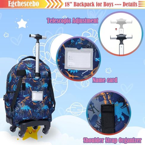 Egchescebo Kids حقيبة ظهر متدحرجة للأولاد حقائب ديناصور حقائب ظهر للأمتعة بعجلات دوارة 360 درجة 15 بوصة صندوق غداء للكمبيوتر المحمول مقلمة للمرحلة الابتدائية 18 بوصة حقيبة مدرسية للسفر باللون الأزرق in Kuwait