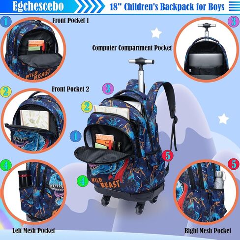 Egchescebo Kids حقيبة ظهر متدحرجة للأولاد حقائب ديناصور حقائب ظهر للأمتعة بعجلات دوارة 360 درجة 15 بوصة صندوق غداء للكمبيوتر المحمول مقلمة للمرحلة الابتدائية 18 بوصة حقيبة مدرسية للسفر باللون الأزرق in Kuwait