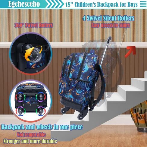 Egchescebo Kids حقيبة ظهر متدحرجة للأولاد حقائب ديناصور حقائب ظهر للأمتعة بعجلات دوارة 360 درجة 15 بوصة صندوق غداء للكمبيوتر المحمول مقلمة للمرحلة الابتدائية 18 بوصة حقيبة مدرسية للسفر باللون الأزرق in Kuwait