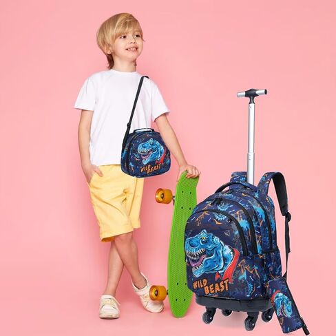 Egchescebo Kids حقيبة ظهر متدحرجة للأولاد حقائب ديناصور حقائب ظهر للأمتعة بعجلات دوارة 360 درجة 15 بوصة صندوق غداء للكمبيوتر المحمول مقلمة للمرحلة الابتدائية 18 بوصة حقيبة مدرسية للسفر باللون الأزرق in Kuwait