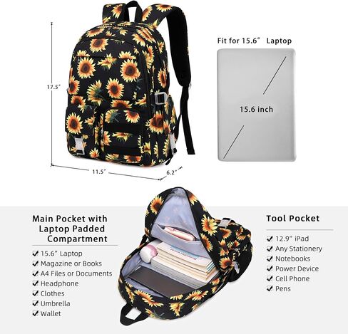 Sunflower Backpack for Girls Kids Backpack Cute School Bookbag School Backpacks for Teens Girls (Black) in Saudi Arabia