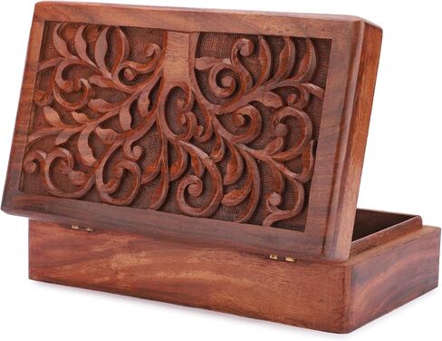 Ajuny Hand Carved Wooden Decorative Jewelry Storage Box Tree Leaf Design Vintage Style - Multipurpose Keepsake Trinket Holder, Treasure Chest Organizer Box Great for Gifts - Brown, 10x6 Inch in Saudi Arabia