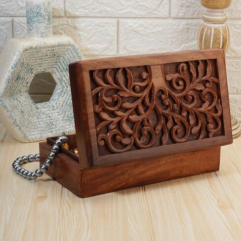 Ajuny Hand Carved Wooden Decorative Jewelry Storage Box Tree Leaf Design Vintage Style - Multipurpose Keepsake Trinket Holder, Treasure Chest Organizer Box Great for Gifts - Brown, 10x6 Inch in Saudi Arabia