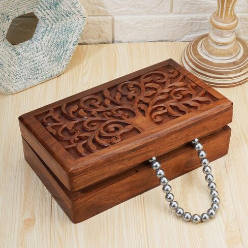 Ajuny Hand Carved Wooden Decorative Jewelry Storage Box Tree Leaf Design Vintage Style - Multipurpose Keepsake Trinket Holder, Treasure Chest Organizer Box Great for Gifts - Brown, 10x6 Inch in Saudi Arabia