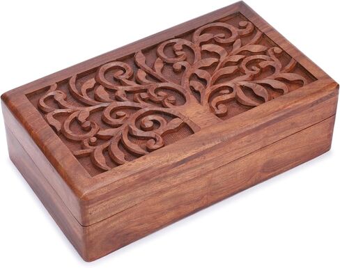 Ajuny Hand Carved Wooden Decorative Jewelry Storage Box Tree Leaf Design Vintage Style - Multipurpose Keepsake Trinket Holder, Treasure Chest Organizer Box Great for Gifts - Brown, 10x6 Inch in Saudi Arabia
