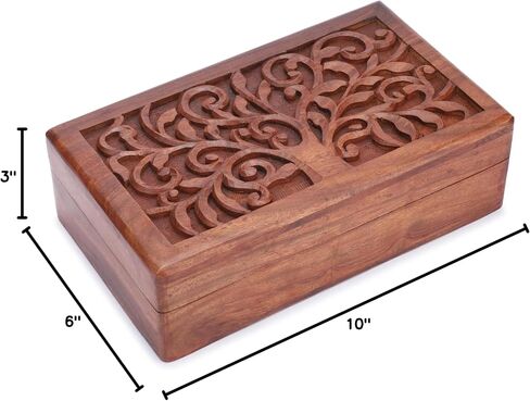 Ajuny Hand Carved Wooden Decorative Jewelry Storage Box Tree Leaf Design Vintage Style - Multipurpose Keepsake Trinket Holder, Treasure Chest Organizer Box Great for Gifts - Brown, 10x6 Inch in Saudi Arabia