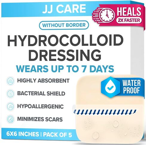 JJ CARE Hydrocolloid Dressing 6x6 [Pack 5], 0.35MM Thick Large Hydrocolloid Bandages w/o Border, Self-Adhesive Thin Hydrocolloid Wound Dressing, Wound Care Bandages for Bedsores and Blisters in Saudi Arabia