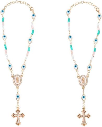 2pcs Car Rosary for Rearview Mirror Evil Eye Beads Cross Hanging Decoration Lucky Pendant for Car Interior Decoration Gift Giving Clothing Accessories Worship Amulet Bracelet in Saudi Arabia