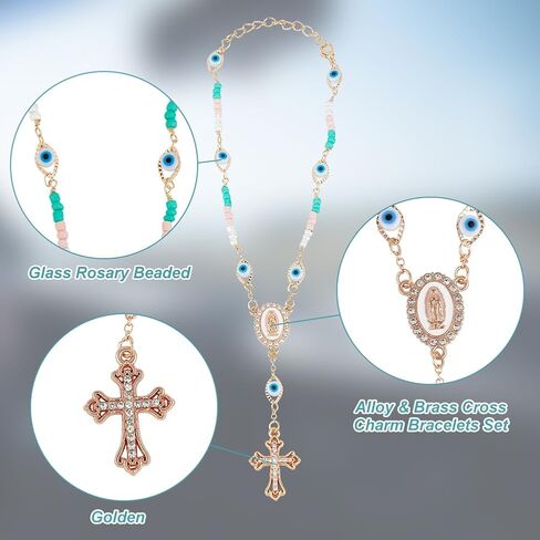 2pcs Car Rosary for Rearview Mirror Evil Eye Beads Cross Hanging Decoration Lucky Pendant for Car Interior Decoration Gift Giving Clothing Accessories Worship Amulet Bracelet in Saudi Arabia
